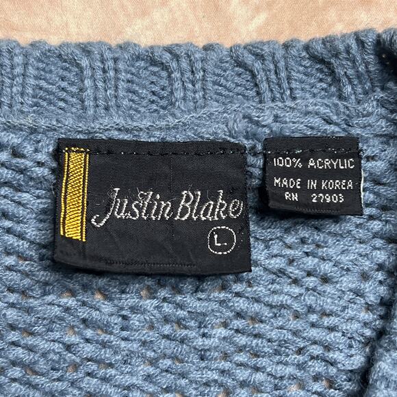 Vintage 80s Justin Blake Striped Knit V Neck Sweater Blue Pullover Retro Fall - Picture 3 of 8